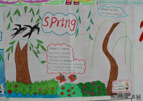 关于春天spring英语手抄报黑板报板报设计绘画吧-画画