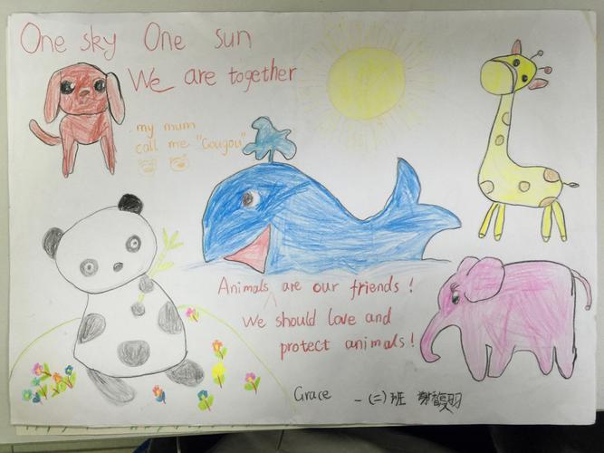 英语小达人们带来的作品一人民路小学六8班保护动物英语海报手抄报展