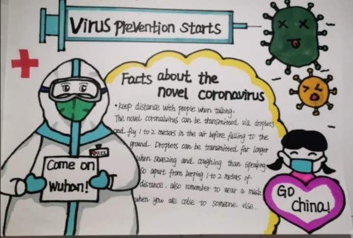 英文版哈拉黑小学六年级全体学生通过英语手抄报学习预防新冠病毒防疫