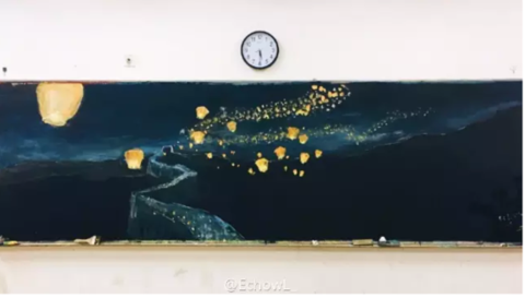 唯美精美的星空水粉黑板报作品-梦幻星空关于元旦的水粉黑板报图片