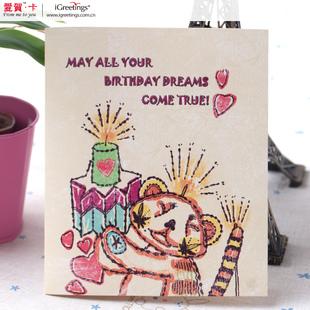 爱贺卡精美闪灯音乐生日贺卡 创意儿童动物卡通手工自制代写卡片