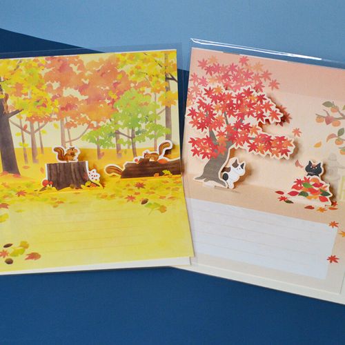 日本购回 秋の风景树下的猫咪松鼠立体生日贺卡感谢送老师卡片