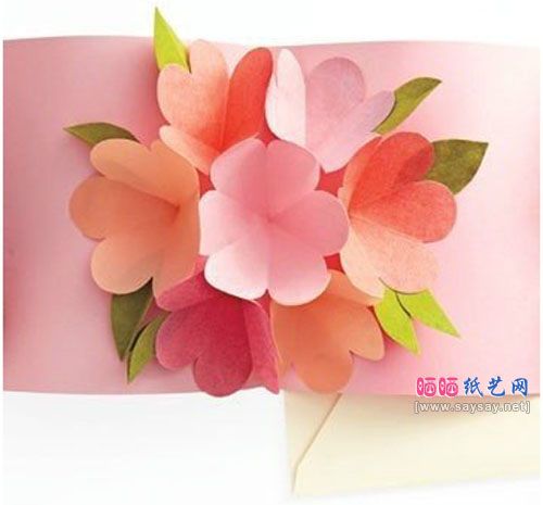立体花朵贺卡制造教程-节日卡片的做法 带叶的六瓣花朵立体贺卡很
