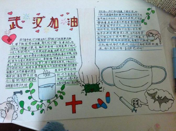 中国加油我用画笔战疫情 长治路小学四年级手抄报以爱为笔用情发声