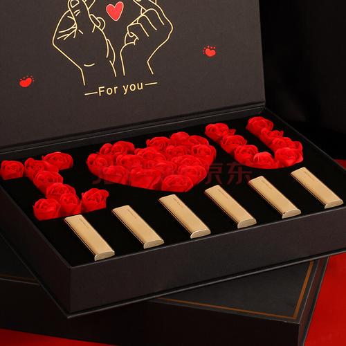 礼盒全套新年送女朋友生日礼物 金管口红6支 玫瑰皂花送手提袋 贺卡