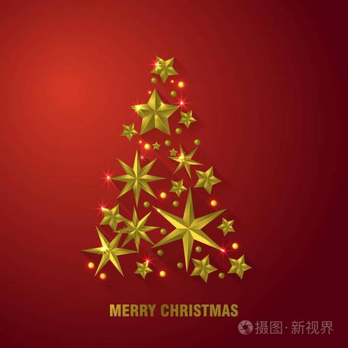 由红色背景抠出金箔星星的圣诞树.别致的圣诞贺卡