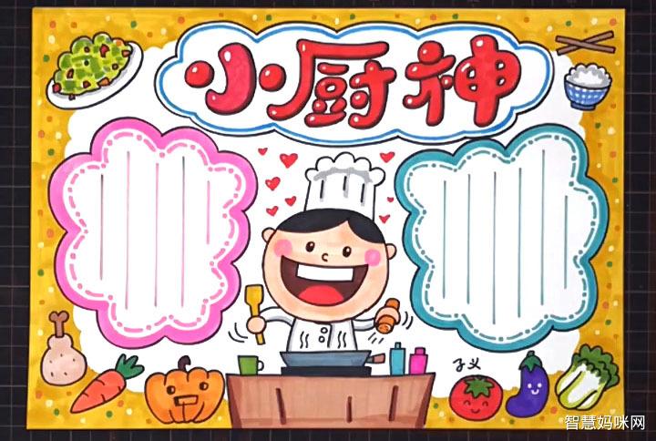 标题左右两边画出饭菜作为手抄报主题装饰.5. 给小厨师画出五官表情.