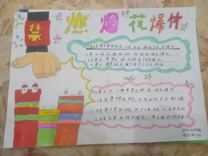 四年级一班学生制作的禁放烟花爆竹手抄报.