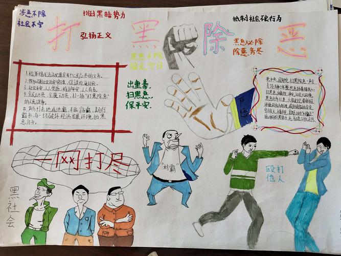 学校德育主任唐超同志组织每个学生设计以《扫黑除恶》为主题的手抄报