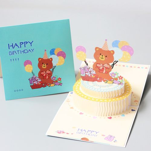 ins同款儿童小熊生日蛋糕贺卡创意diy立体贺卡片员工生日礼物定制