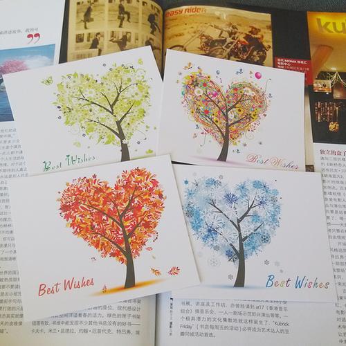 韩版个性四季爱心树卡片暑假培训留言卡片 节日通用祝福手写贺卡
