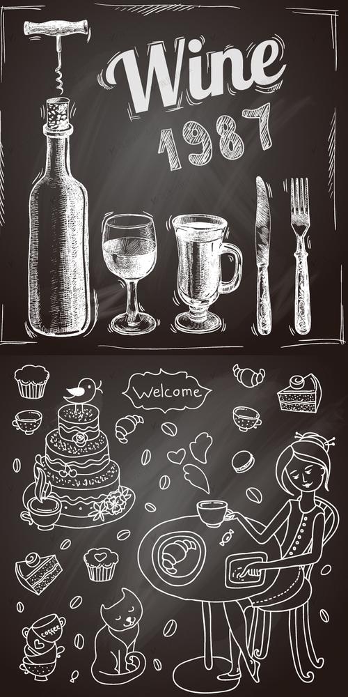 厅黑板报插画矢量素材原创设计黑白欧美复古西餐厅咖啡厅黑板报插画