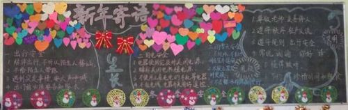 黑板报上贴满了孩子们自制的新年心愿卡表达了对新年美好的愿望.
