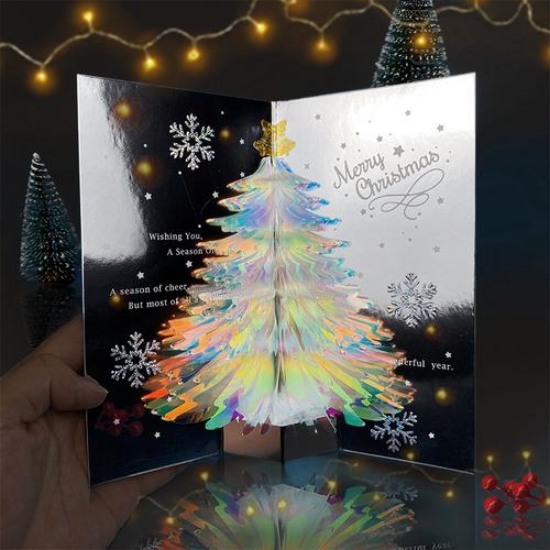 欧美爆款圣诞节卡片闪闪发光圣诞树贺卡创意3d立体镜面反光简约
