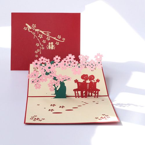 圣诞情人节3d立体贺卡创意樱花纸雕礼物七夕节日祝福留言卡送女友