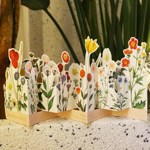 日本新品多折立体贺卡文艺多彩花朵鲜花丛纸质生日创意卡片