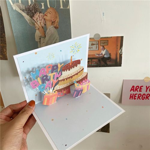 韩国ins立体彩色英文生日蛋糕祝福生日卡片3d立体创意礼物贺卡