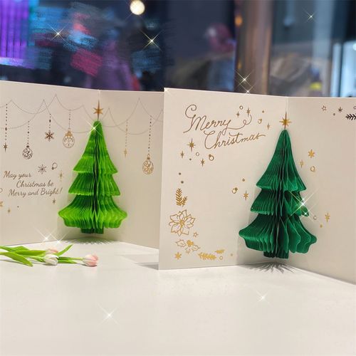 日本迷你蜂巢圣诞树贺卡创意唯美绿色烫金圣诞节平安夜祝福手写卡