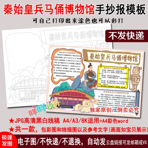 中国世界文化遗产秦始皇兵马俑博物馆日黑白线描涂色手抄报模板