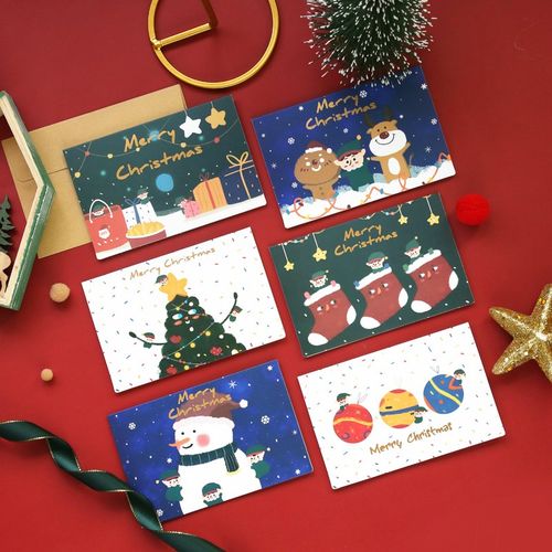 6张圣诞贺卡圣诞卡片带信封韩国创意卡通萌哒哒圣诞贺卡可爱插画
