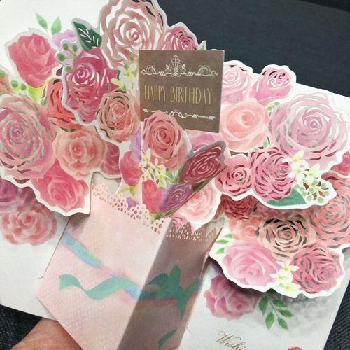 日本购玫瑰花立体生日贺卡庆祝诞生送闺蜜同事创意祝福卡片装饰
