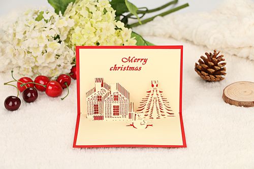 圣诞节贺卡 立体雪人小房子可爱温馨礼物祝福卡片 手工创意纸雕卡