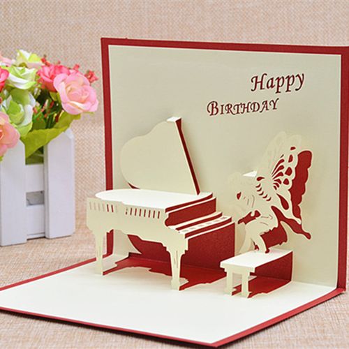 钢琴精灵 创意 生日贺卡 手工立体纸雕商务定制儿童贺卡祝福礼物