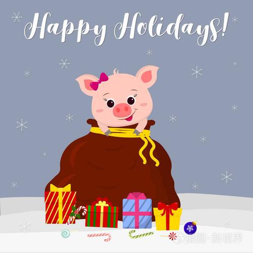 新年快乐 圣诞快乐贺卡.可爱的猪与弓是看着从圣诞老人的袋子.