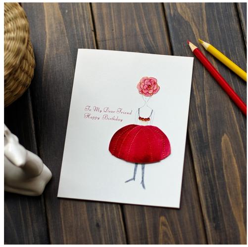台湾手工水钻穿红裙的优雅女士卡片创意祝福通用生日贺卡