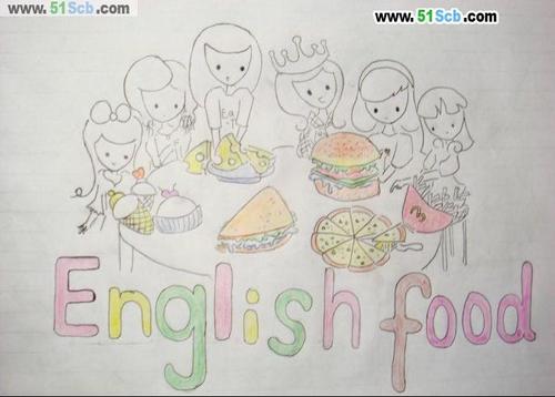 各样的食物和英语手抄报标题english fo下面继续画上三个小朋友一