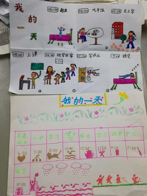 学习完了认识时间以我的一天为主题孩子们纷纷设计了自己的手抄报