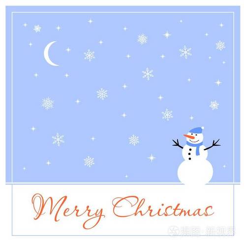 冬季圣诞贺卡与雪花和可爱的雪人蓝色背景. 矢量插图
