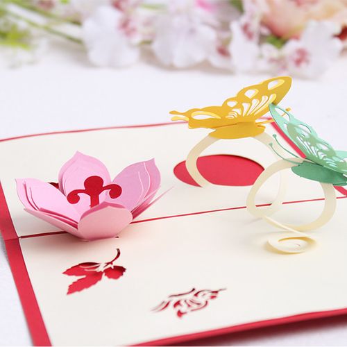 七夕情人教师节礼物感谢卡片贺卡 立体纸雕蝴蝶和花 3d 创意