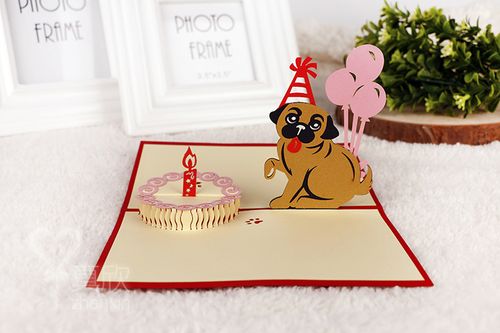 立体贺卡 狗狗生日 创意3d纸雕祝福卡片 可爱宠物狗贺卡定制