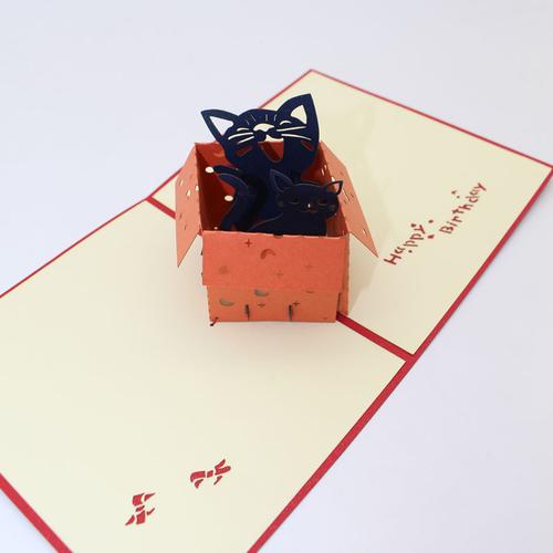 创意盒子猫咪儿童3d立体贺卡动物明信片定制音乐生日贺卡韩国手工
