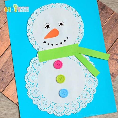 幼儿制作可爱的雪人贺卡手工材料卡纸纽扣蕾丝蛋糕纸剪刀胶水