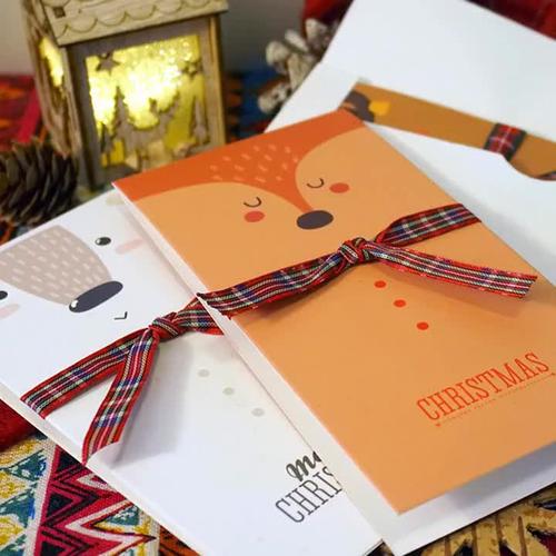 围巾动物蝴蝶结丝带含信封可定制创意贺卡 卡通圣诞贺卡 祝福卡片