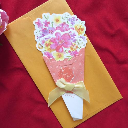 丝带 热卖新气派创意贺卡 康乃馨 教师节 多用卡片 丝带花束三折卡