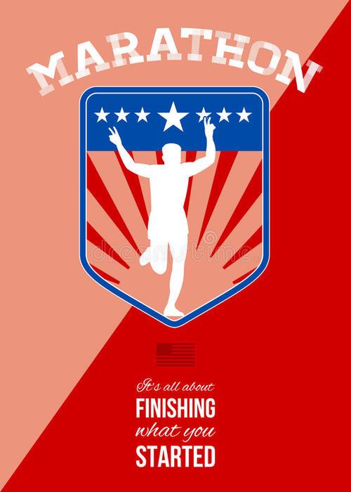 海报显示马拉松运动员闪动的胜利标志的剪影贺卡例证完成在与星旭日