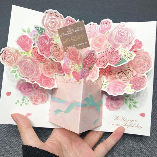 日本购 玫瑰花立体创意生日贺卡 庆祝女友生日祝福卡片送闺蜜同事