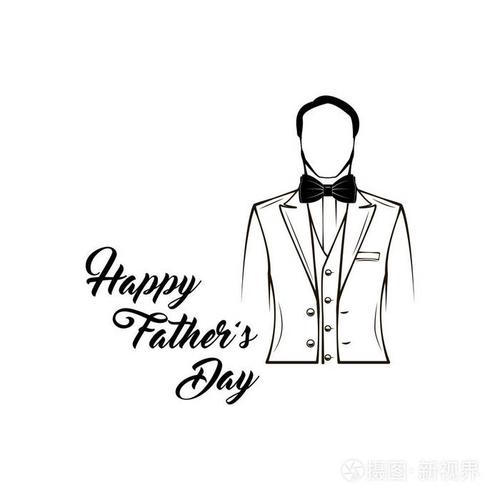 父亲节贺卡.男士夹克 领结.男装套装 燕尾服.快乐的父亲节刻字.向量