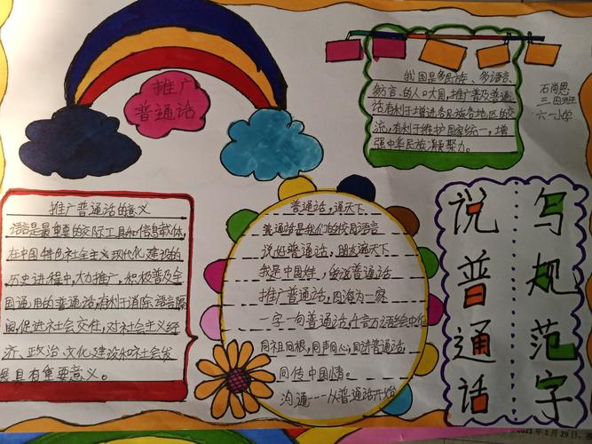 同学们用手抄报的形式宣传推广说普通话写规范字.