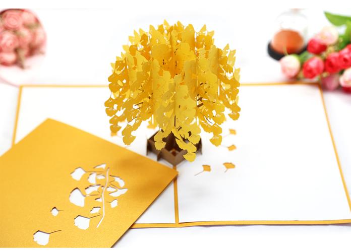 纸雕镂空立体贺卡3d折叠贺卡 创意银杏树贺卡定制