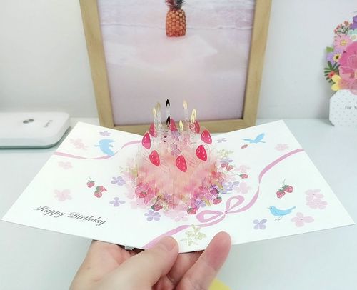 moka日本热卖创意立体生日贺卡粉色水晶草莓蛋糕贺卡