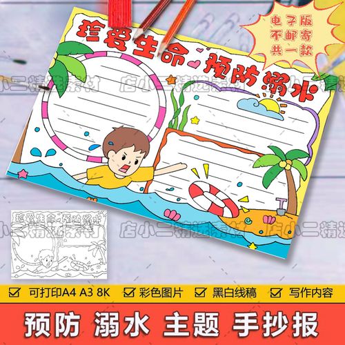 预防溺水手抄报模板学生安全教育主题暑假游泳珍爱生命涂色儿童画