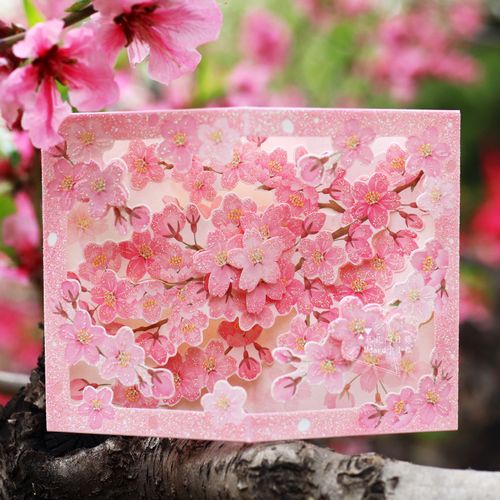日本春天立体贺卡粉色樱花树万用情人节送女友礼物祝福通用卡片