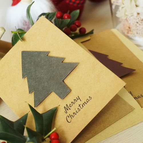 复古风牛皮色圣诞贺卡 立体圣诞树造型装饰卡片圣诞节折叠祝福贺卡带
