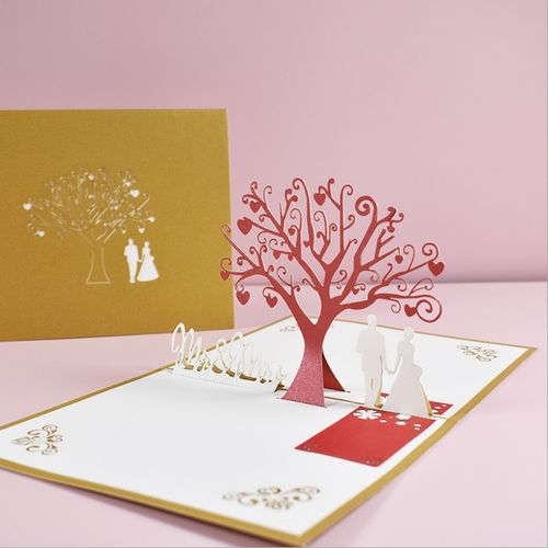 新款爱情表白结婚立体贺卡带信封3d纸雕七夕情人节爱心树对折卡片