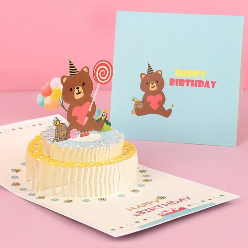 拜杰 贺卡 创意3d立体小熊生日蛋糕贺卡生日祝福贺卡礼物卡生日礼物