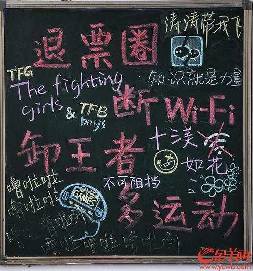广大附中同学们在黑板报上写下各种花式励志语.